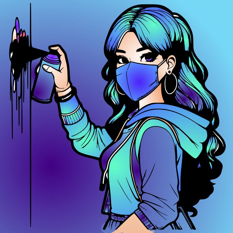 realistic girl with mask spray painting a wall