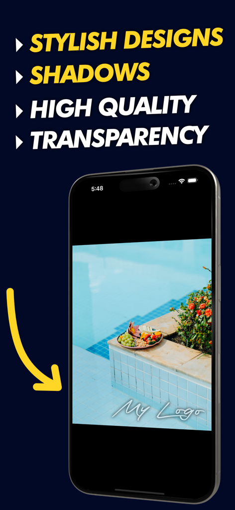 MyLogo: Photo Signature Maker - A smartphone showing MyLogo app features like stylish designs shadows and transparency for photo watermarking