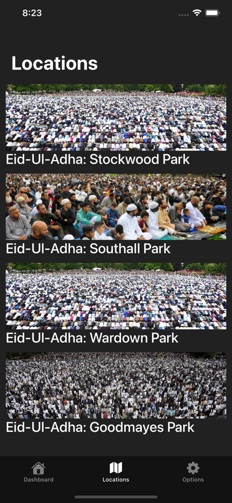 When's Eid? - Eine Liste von Eid-Ul-Adha-Gebetsorten in lokalen Parks, wie in der mobilen App Whens Eid gezeigt