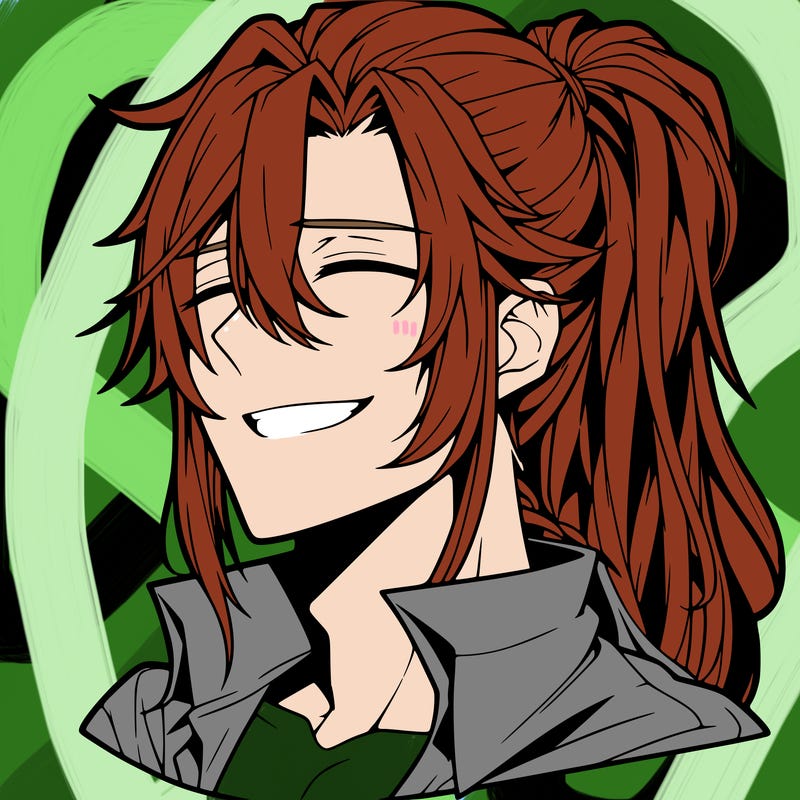 realistic hot anime boy with a grin and long hair in a pony tail