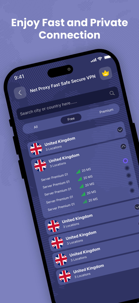 Astro VPN - Fast Net Proxy - Astro VPN server selection screen showing premium United Kingdom servers with fast ping rates