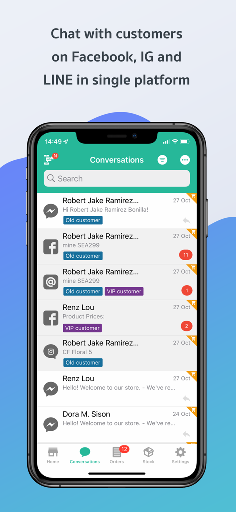 Page365 app interface showing a unified inbox with messages from Facebook Instagram and LINE along with customer labels