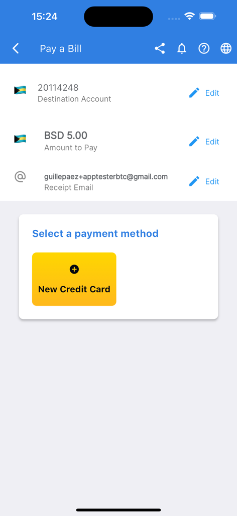 MyBTC - MyBTC app pay a bill interface showing account details and payment method selection.