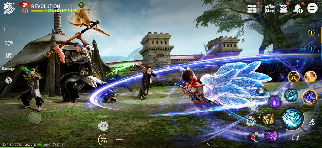 Blade&Soul Revolution - A group of characters in Blade and Soul Revolution performing cinematic skill combinations with blue energy effects in an open field.