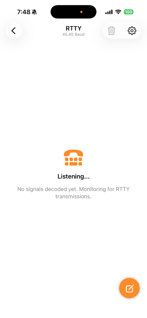 Amateur Digital app interface showing the RTTY monitoring mode.