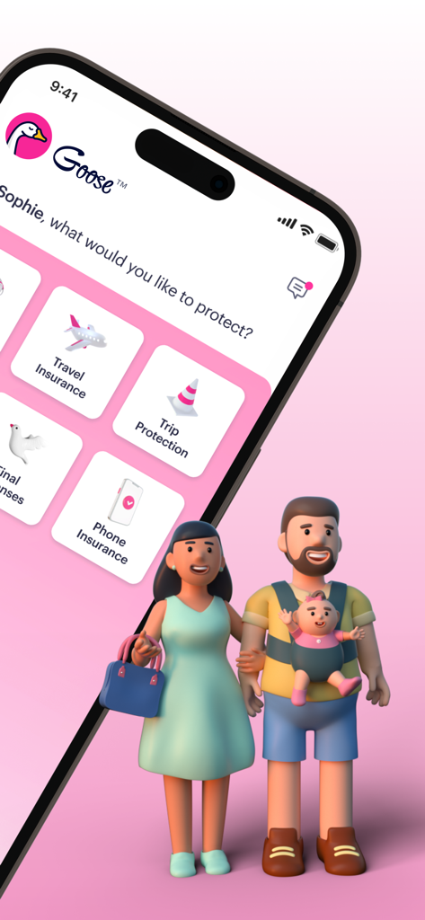 Goose Insurance - Goose Insurance app screen showing different coverage options like travel and phone insurance with an illustration of a young family