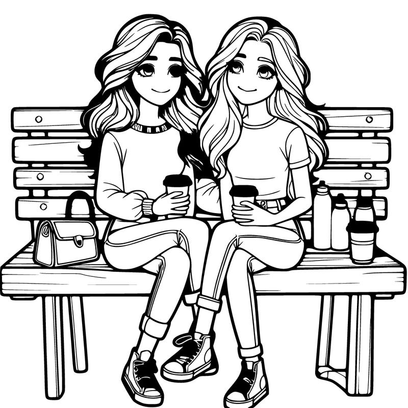 two realistic girls sitting together on a bench with coffee