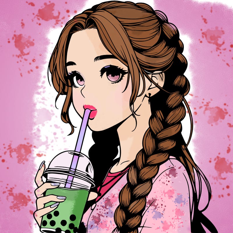 realistic girl with braided hair drinking boba