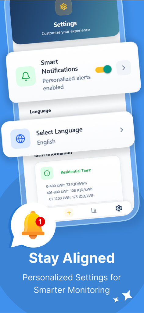 Settings menu of the KRG Power app featuring smart notifications, language options, and official electricity tariff tiers.