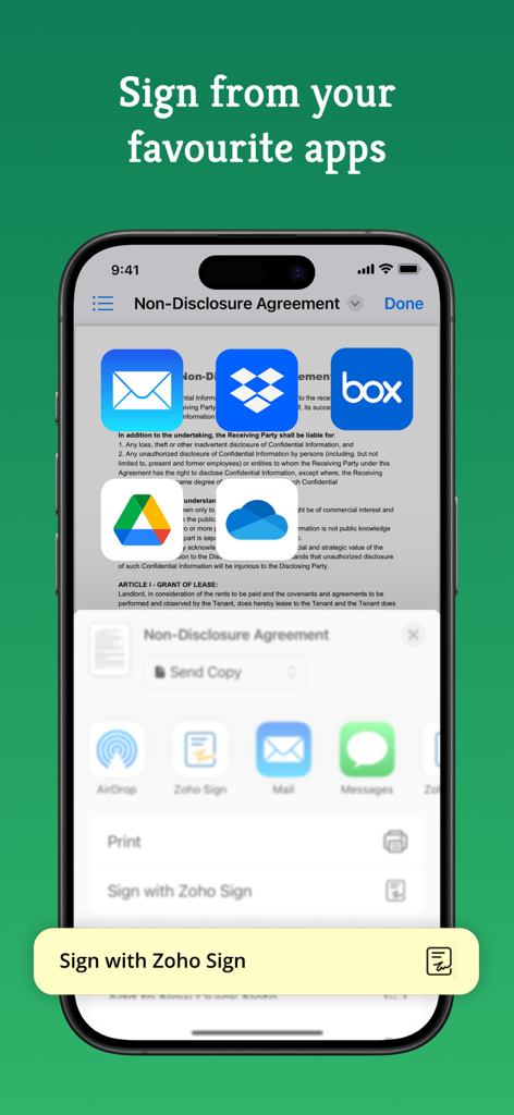 Zoho Sign app on iPhone showing document signing options from cloud storage apps