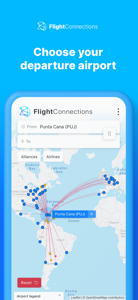 Interfaz de la aplicación móvil que muestra un mapa de rutas de vuelo desde el aeropuerto de Punta Cana.