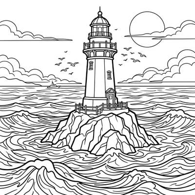 Embark on a creative journey with this captivating offshore lighthouse coloring page, featuring a majestic beacon standing firm against the ocean's expanse. It's a perfect blend of nautical charm and detailed scenery, ready for your artistic touch.