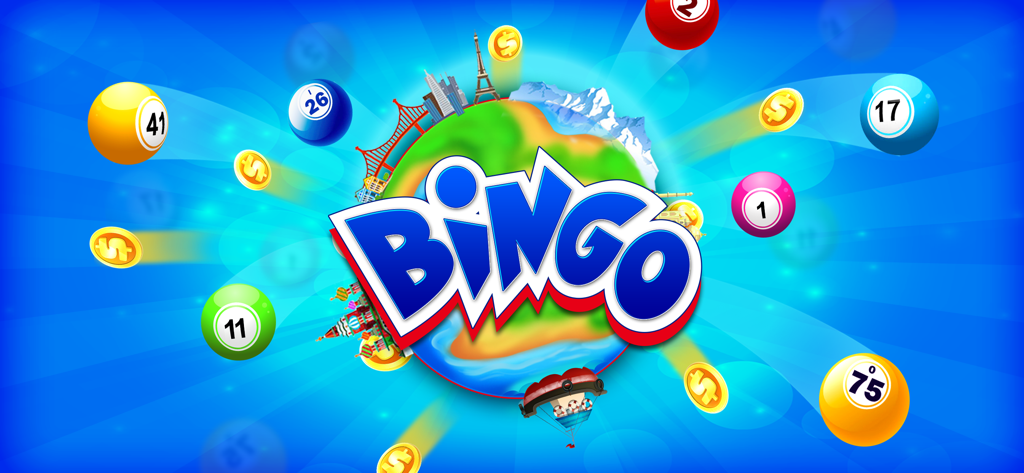 Bingo Frenzy game logo over a globe with world landmarks and colorful bingo balls