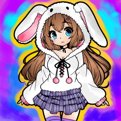 pretty anime girl wearing a fluffy hoodie with bunny ears on the hood and a skirt
