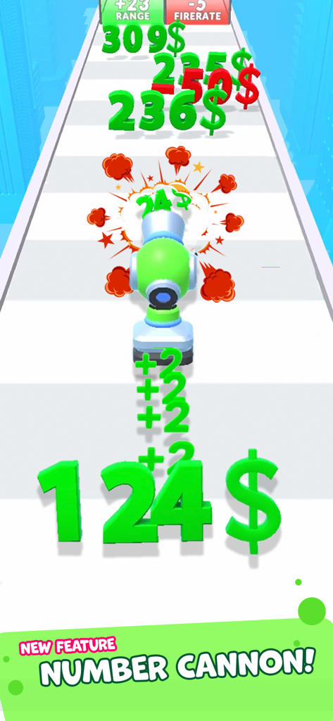 A green cannon shooting at number targets and multiplier gates in Digit Shooter.