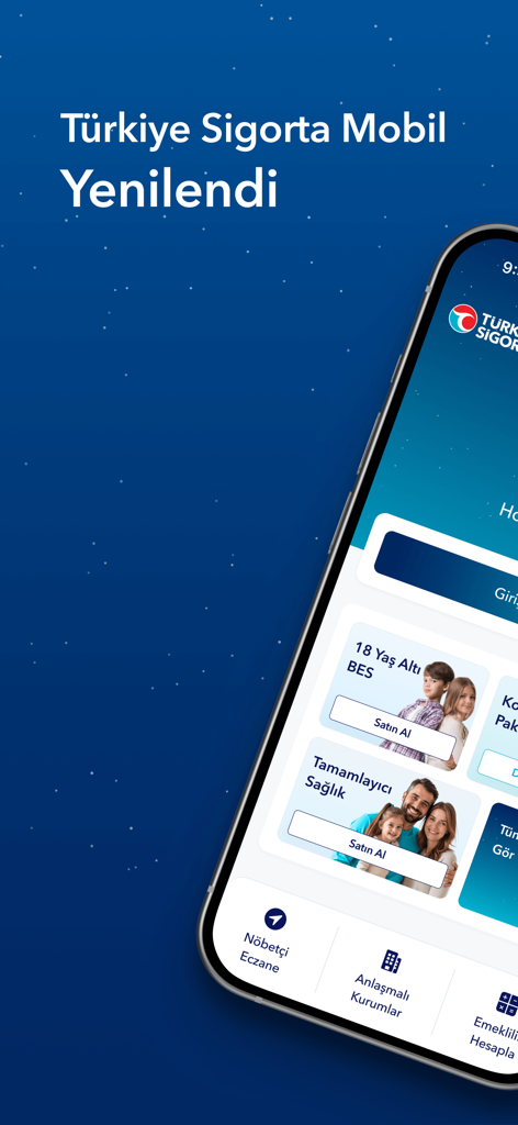보험 및 연금 옵션이 있는 터키 보험 모바일 앱의 홈 화면을 보여주는 스마트폰