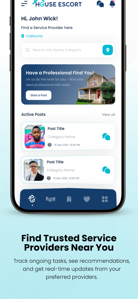 Interfaz de la aplicación House Escort mostrando una barra de búsqueda de proveedores de servicios y una sección para publicaciones de proyectos del hogar activos.