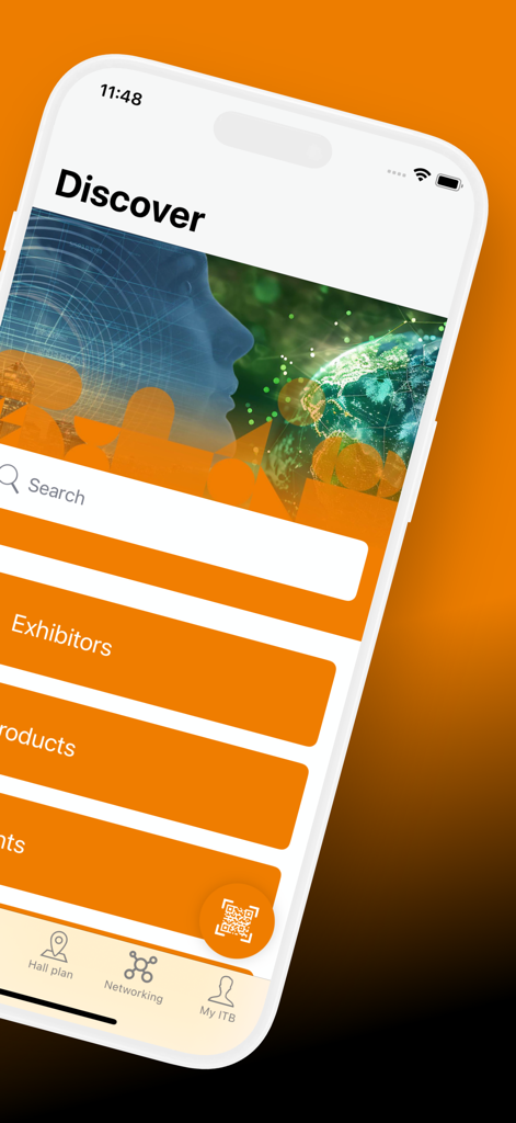 ITB Berlin - ITB Berlin app Discover screen featuring search and exhibitor categories