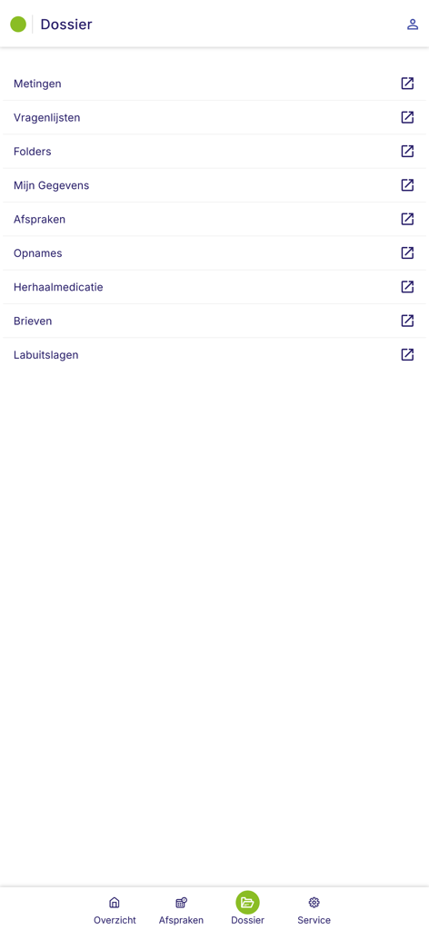MijnHaga - Medical dossier screen of the MijnHaga app listing patient records and lab results