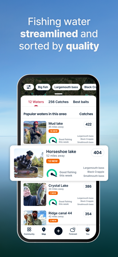 Fishbrain - Fishing App - A smartphone displaying a list of local fishing spots in the Fishbrain app sorted by fishing quality and catch count