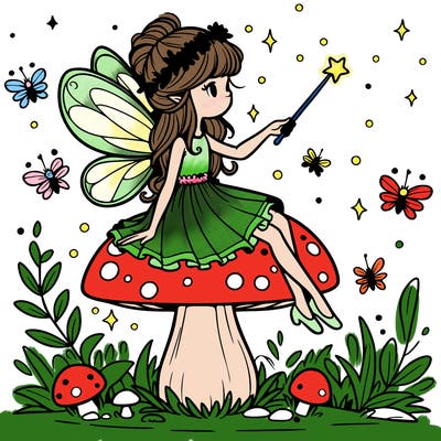 a magical fairy sitting on a toadstool%2c holding a glowing wand%2c with fireflies lighting up the night.