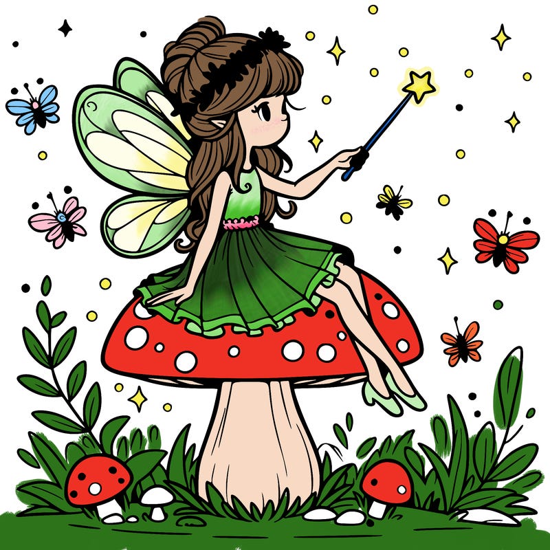 a magical fairy sitting on a toadstool%2c holding a glowing wand%2c with fireflies lighting up the night.
