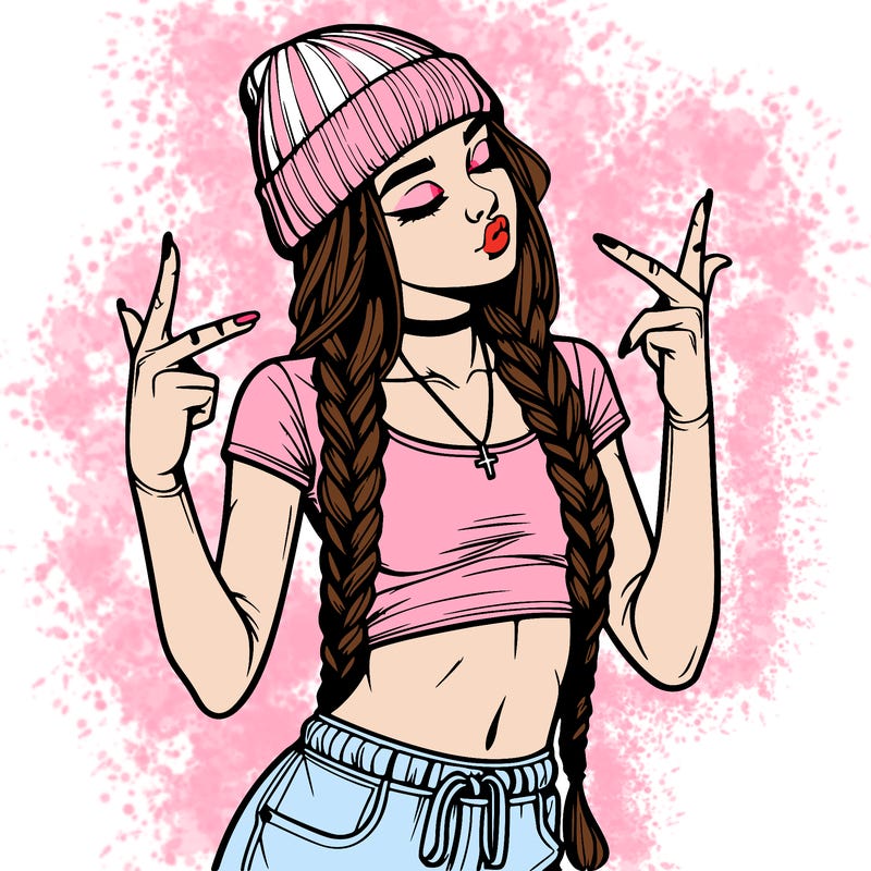 realistic teenage girl with braids and a beanie and crop top doing 🫶🏼
