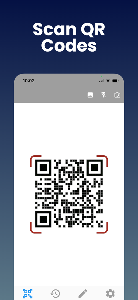 A smartphone screen showing the scan QR codes feature of the QR Code Reader app.