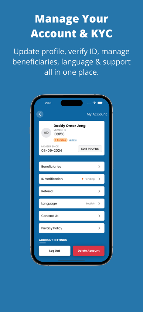 APS Money Transfer app account management and KYC verification screen