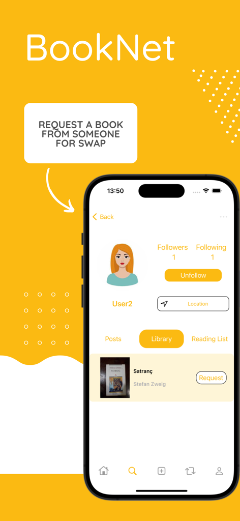 BookNet - BookNet app interface showing a user profile and a request button for swapping a book