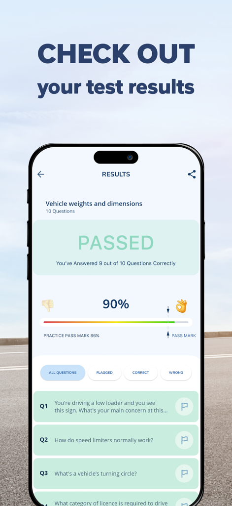 LGV & HGV Theory Test Kit 2026 - Mock test results screen in the LGV and HGV theory test app showing a passed status and ninety percent score