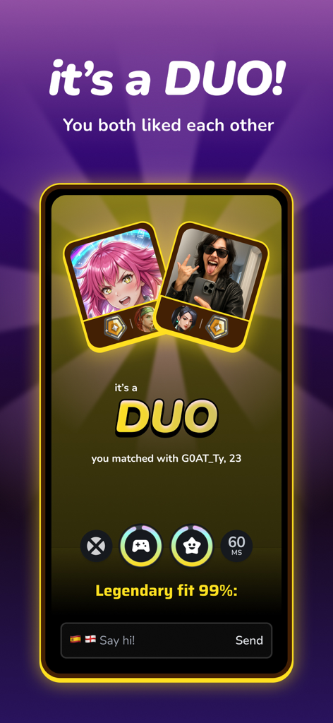 Gankster Duos - Gankster Duos app interface showing a successful match between two gamers with a 99 percent legendary fit compatibility score.