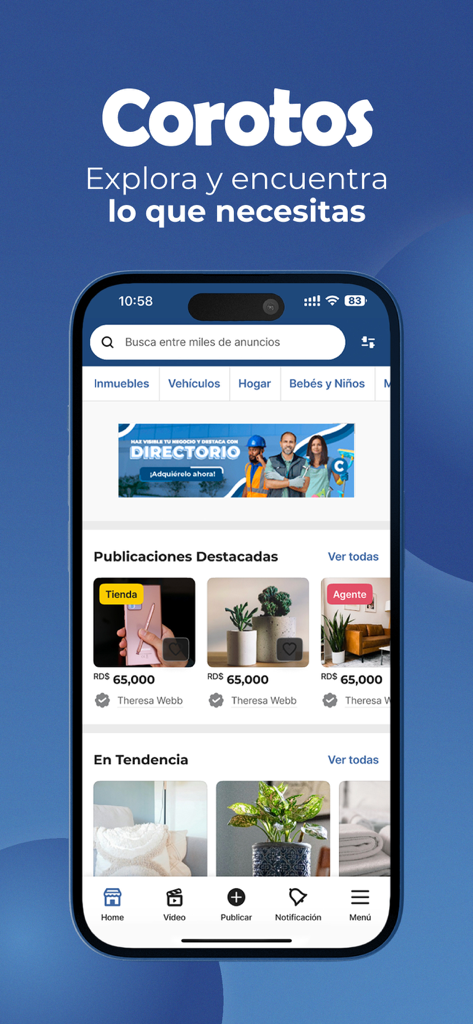 Mobile interface of Corotos marketplace showing featured items and categories for buying and selling