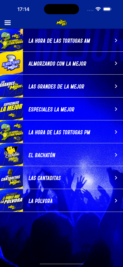 La Mejor FM 99.1 - Lista de programas de rádio no aplicativo móvel La Mejor FM 99.1, incluindo programas de música e segmentos.