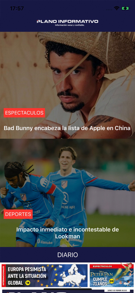 Plano Informativo - Plano Informativo news app home screen displaying entertainment and sports headlines