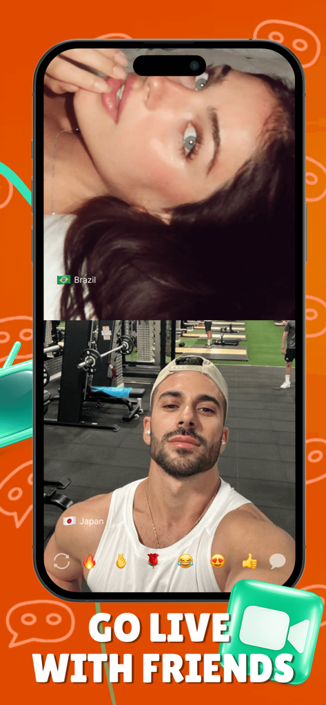OmeTV : Video Chat - Tela de celular mostrando uma chamada de vídeo em tela dividida entre duas pessoas com ícones de reação e o texto vá ao vivo com amigos