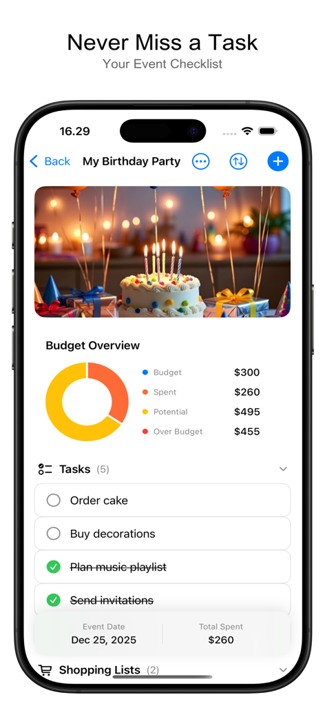 Event Stories - Party Planner - Captura de pantalla de la aplicación Event Stories que muestra una lista de verificación de tareas para una fiesta de cumpleaños y un gráfico resumen del presupuesto.