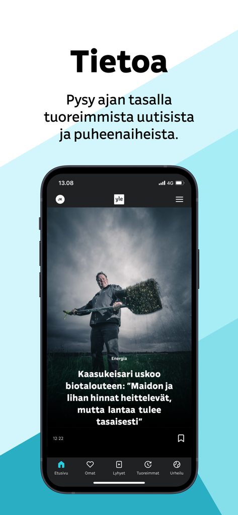 Screenshot of the Yle mobile app interface displaying a news article in Finnish with a featured image and navigation menu.