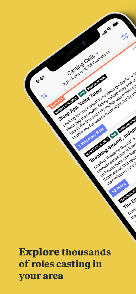 Backstage app interface showing casting call listings for voice talent and scripted TV productions