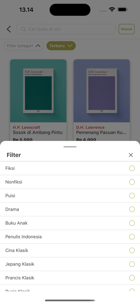 Baca Kakatua - Interface of the Baca Kakatua app showing a list of books and a category filter menu for Indonesian and international literature.