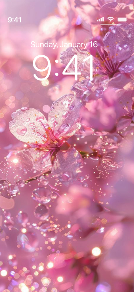 Pink Aesthetic Wallpapers 4K - Fondo de pantalla floral estético rosa con gotas de agua y brillos en la pantalla de bloqueo de un teléfono