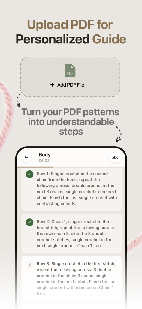 Knitta: Crochet Journal - Interfaz de un smartphone mostrando cómo un patrón en PDF se convierte en pasos digitales fáciles de seguir con casillas de verificación para un proyecto de crochet.