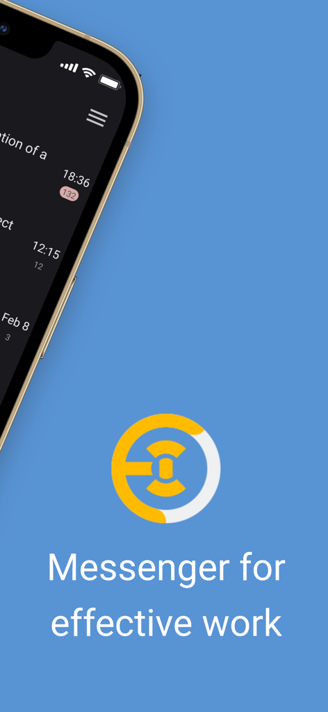 iPhone displaying the Freelancehunt Messenger app interface and logo with the slogan Messenger for effective work on a blue background.