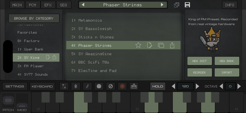 Das Preset-Menü und die Tastaturschnittstelle der King of FM DX Synth Mobile App.