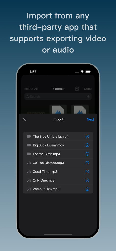 Schermata che mostra l'interfaccia per importare file video e audio da app di terze parti a Player for Watch