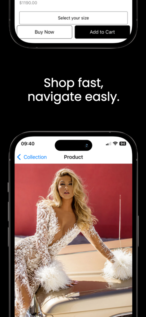 Albina Dyla - Interfaz de la aplicación móvil Albina Dyla que muestra un vestido blanco de alta costura de lujo con mangas de plumas y botones de compra