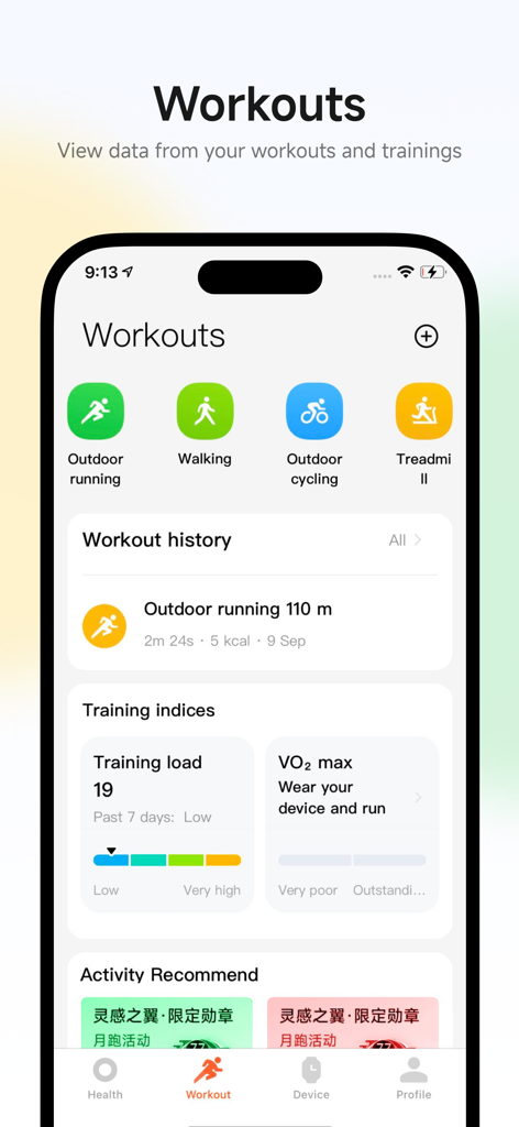 The Workouts screen of the Mi Fitness app displaying activity categories like running and cycling alongside training load and workout history data.
