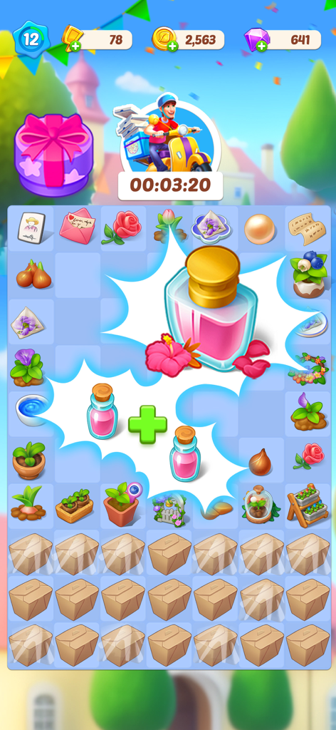 Happy Merge Seaside - A gameplay screenshot of Happy Merge Seaside showing two small pink potion bottles merging into a large perfume bottle on a grid full of garden and house items.