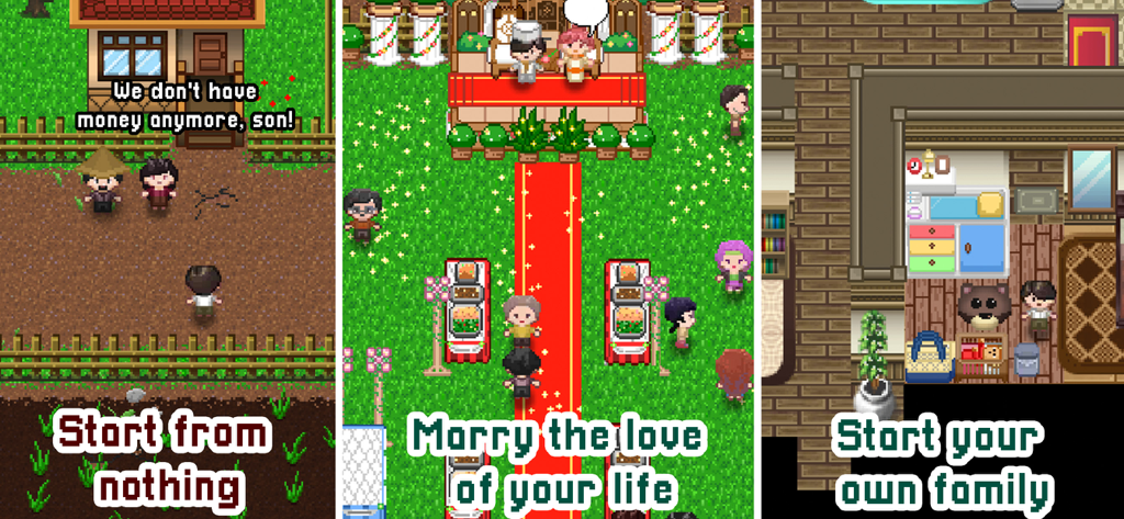 Three pixel art scenes from Citampi Stories showing life progression from starting with nothing to marriage and starting a family.