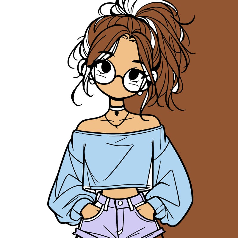 girl with a messy ponytail glasses a baggy crop top and jean shorts